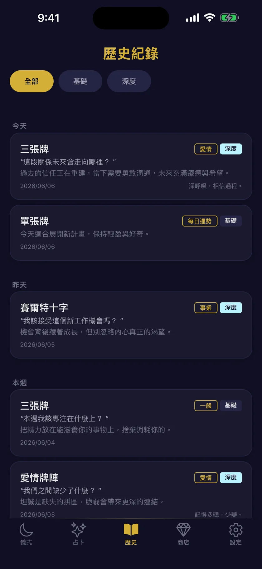 所有紀錄，依基礎與深度分類